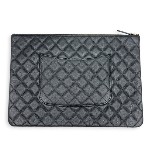 O Case Black Clutch in Caviar Leather, Light Gold hardware