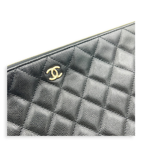 O Case Black Clutch in Caviar Leather, Light Gold hardware