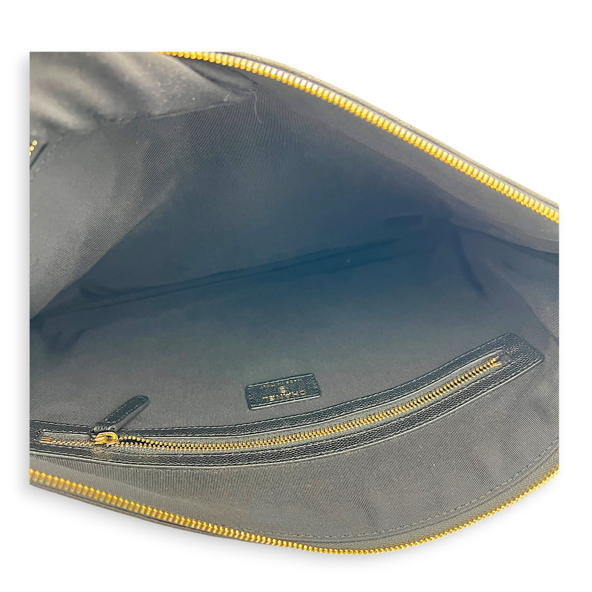 O Case Black Clutch in Caviar Leather, Light Gold hardware