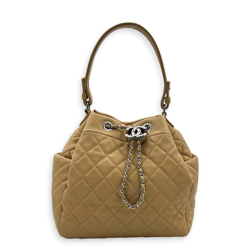 Drawstring CC Beige Bucket Bag in Lambskin, Silver hardware