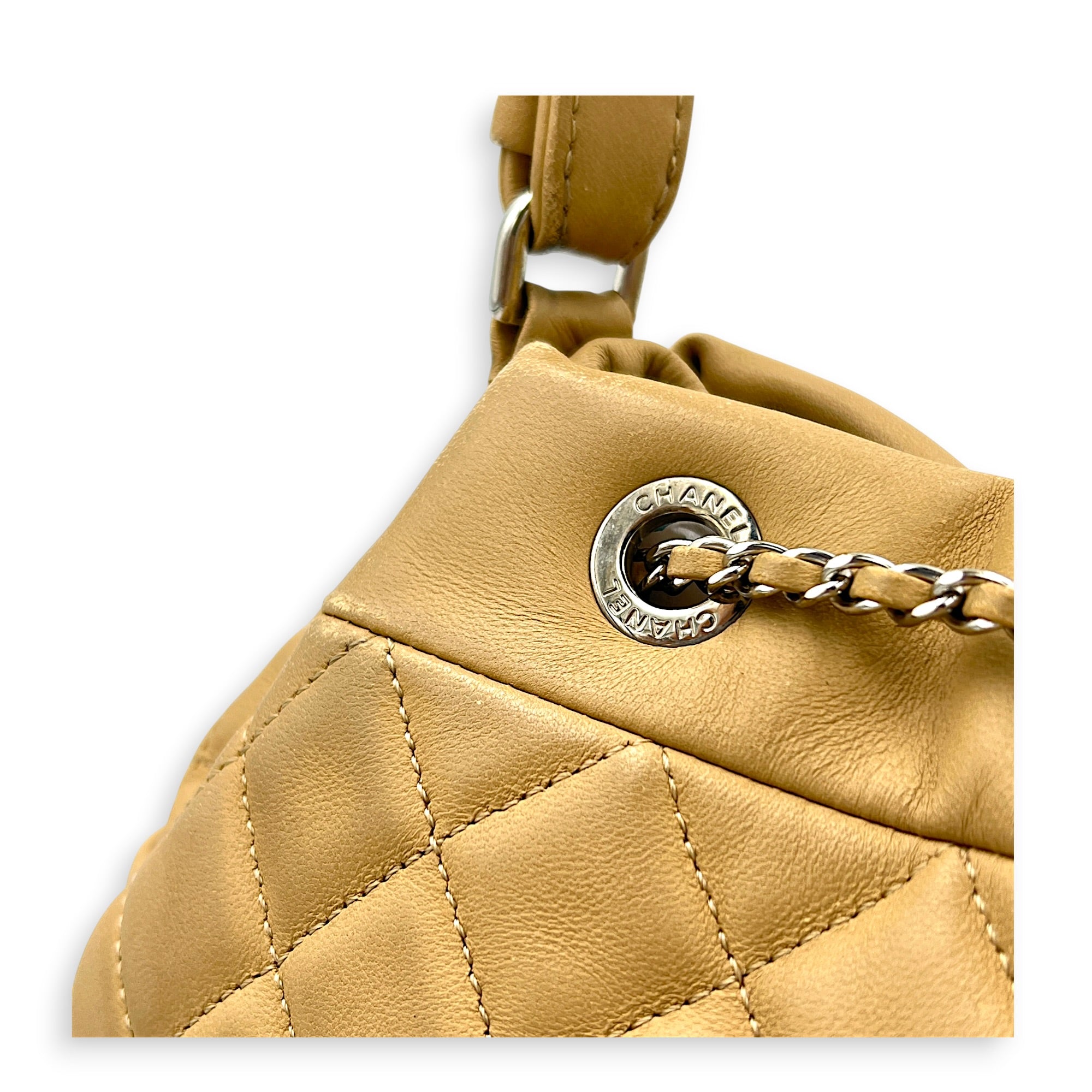 Drawstring CC Beige Bucket Bag in Lambskin, Silver hardware