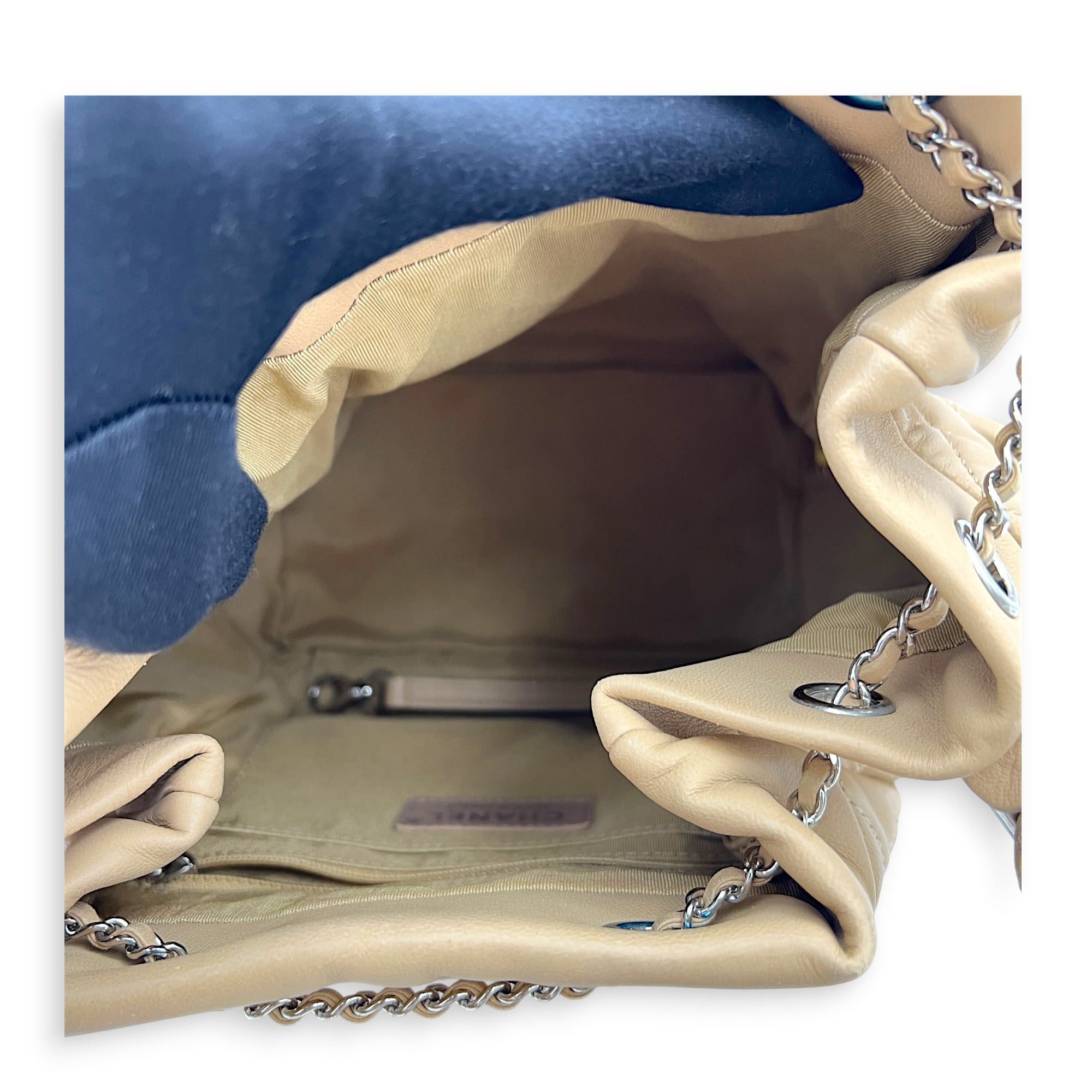 Drawstring CC Beige Bucket Bag in Lambskin, Silver hardware