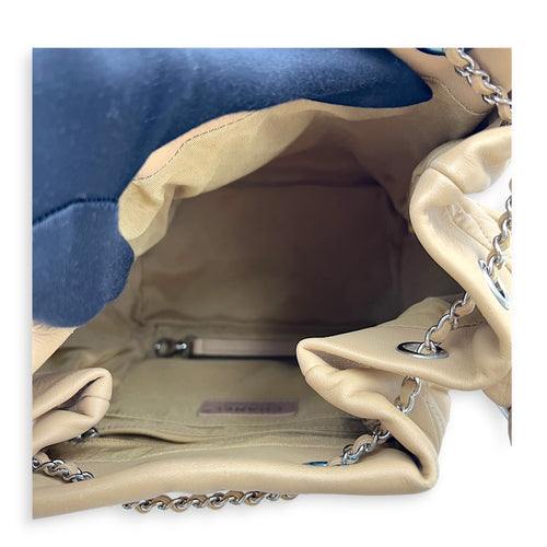 Drawstring CC Beige Bucket Bag in Lambskin, Silver hardware