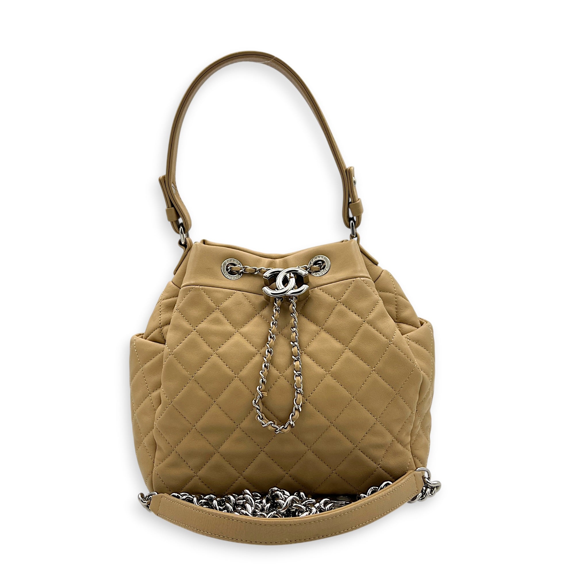 Drawstring CC Beige Bucket Bag in Lambskin, Silver hardware