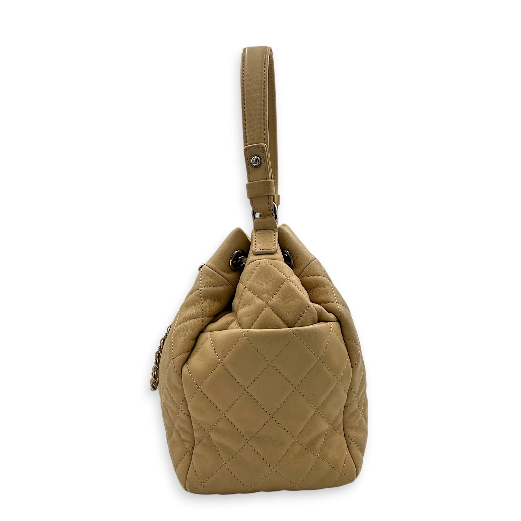 Drawstring CC Beige Bucket Bag in Lambskin, Silver hardware