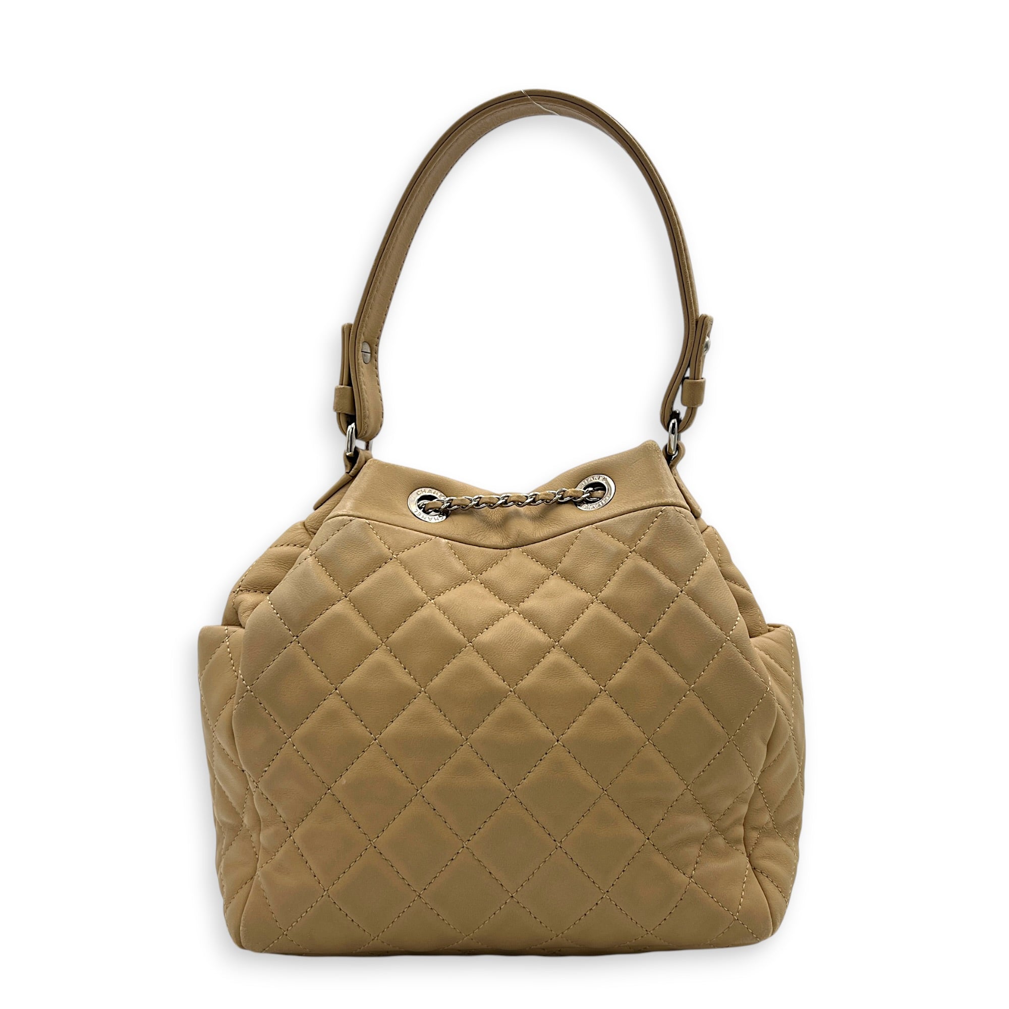 Drawstring CC Beige Bucket Bag in Lambskin, Silver hardware