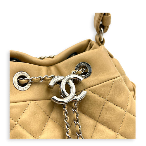 Drawstring CC Beige Bucket Bag in Lambskin, Silver hardware
