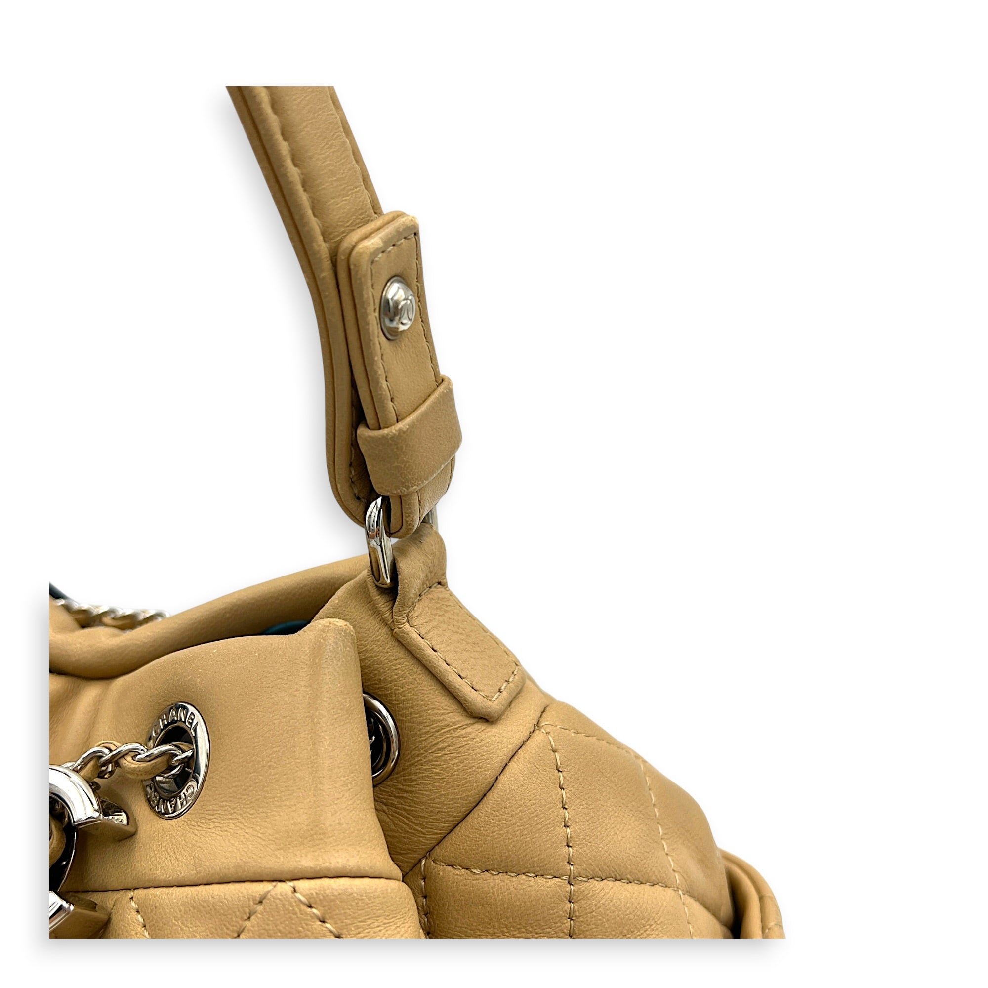 Drawstring CC Beige Bucket Bag in Lambskin, Silver hardware