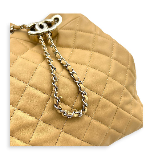 Drawstring CC Beige Bucket Bag in Lambskin, Silver hardware