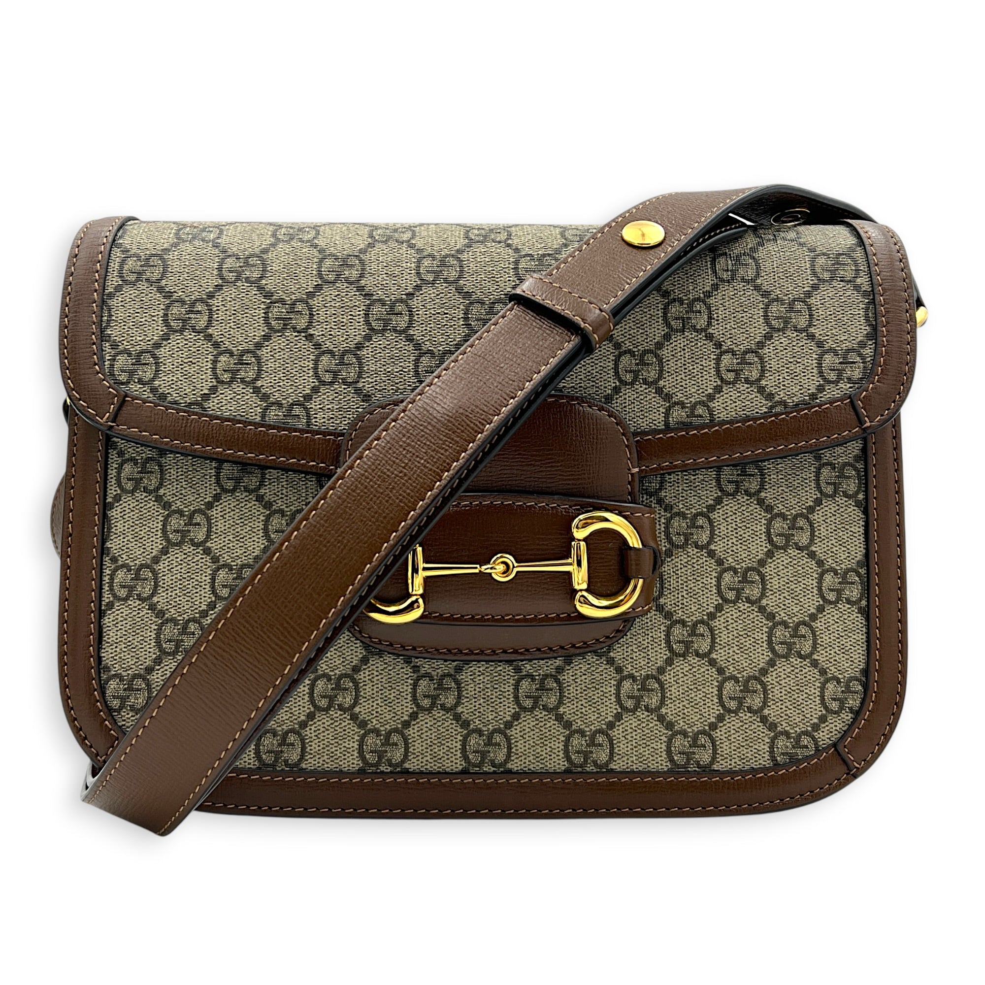 Horsebit 1955 Shoulder Bag Brown in Coated Canvas, Gold hardware