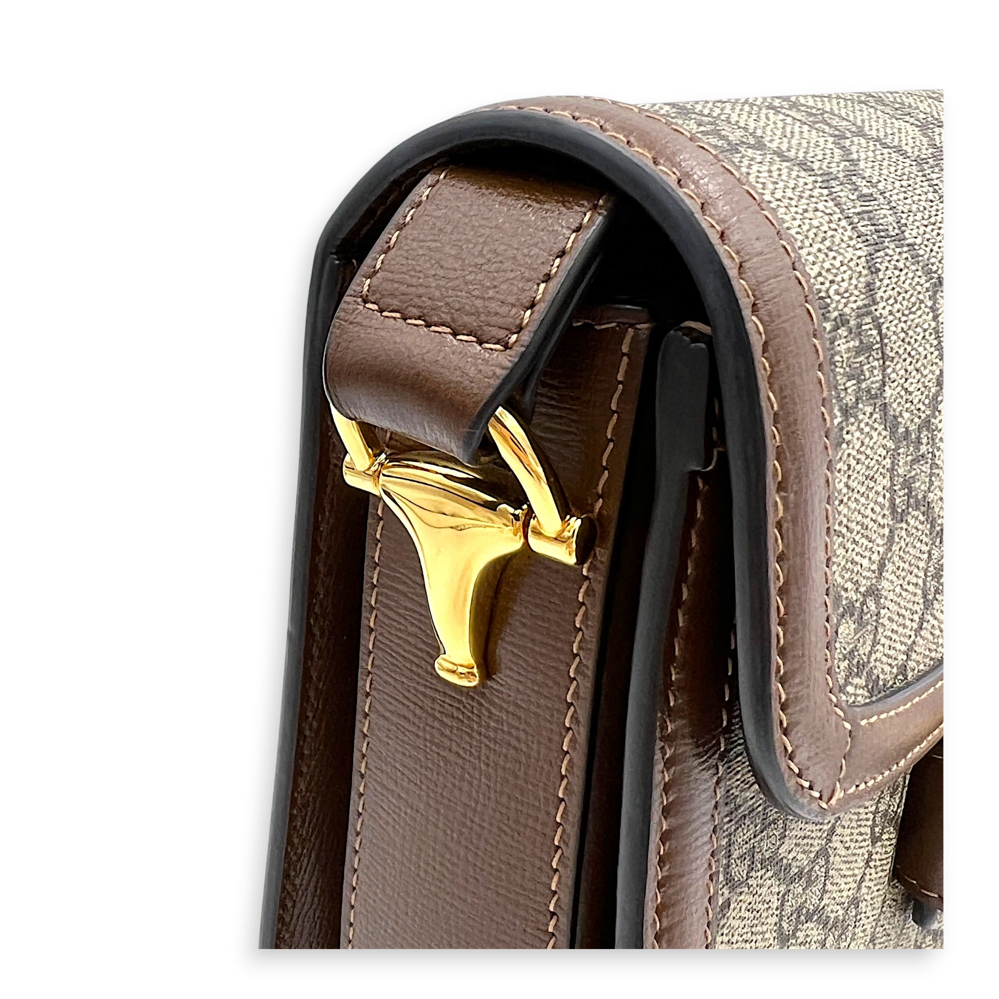 Horsebit 1955 Shoulder Bag Brown in Coated Canvas, Gold hardware