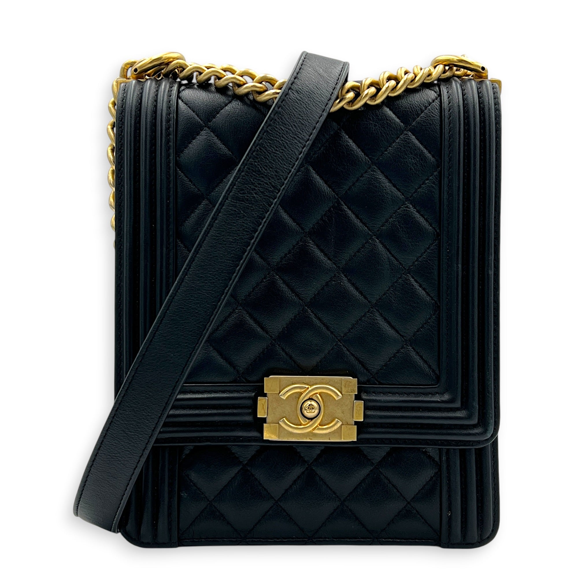 Boy Shoulder Bag Black in Calfskin, Gold hardware