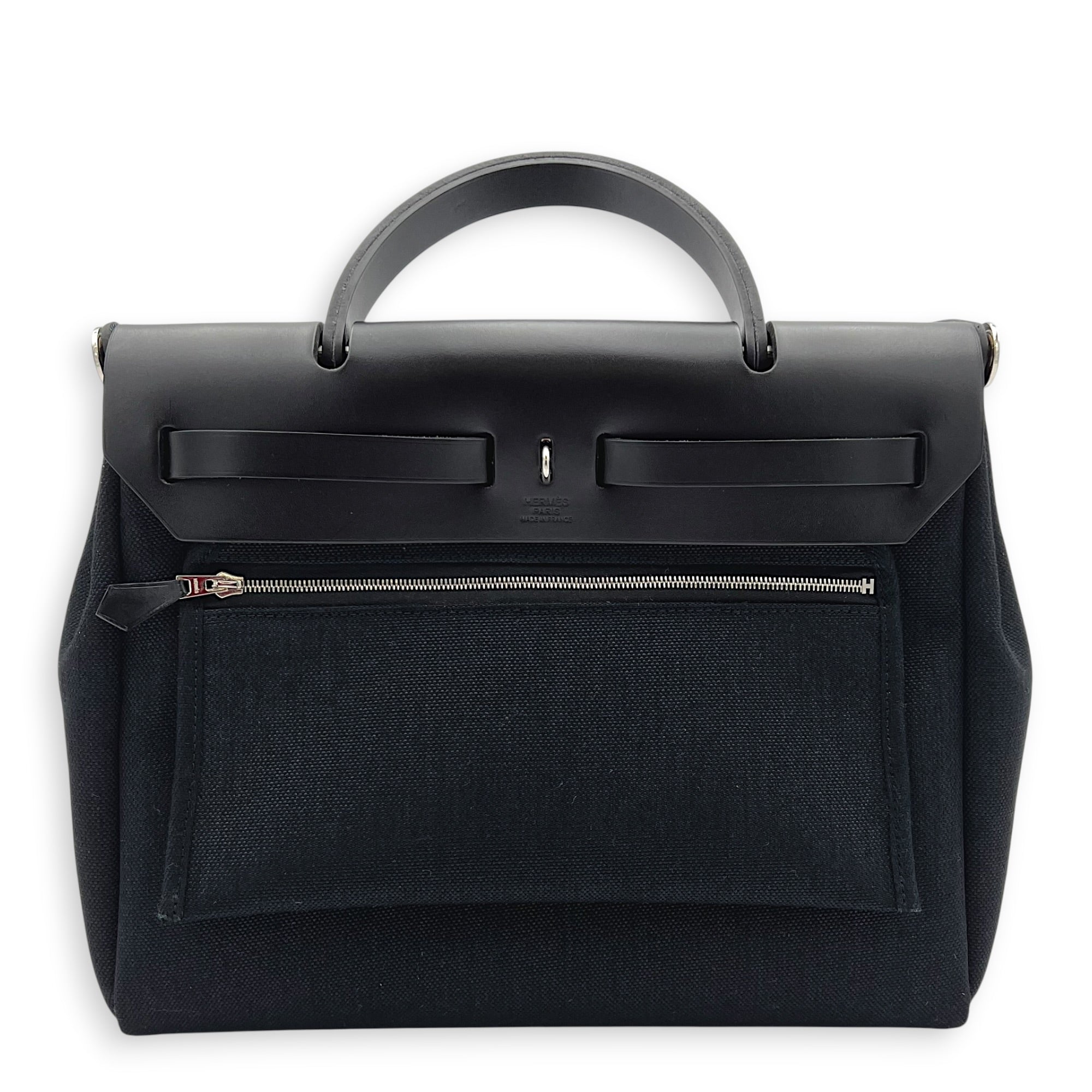 Herbag 31 Black Top Handle Bag in Canvas, Palladium hardware