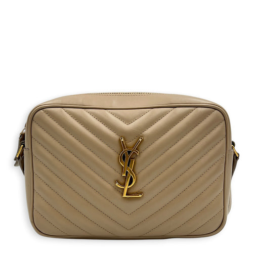Lou Camera Beige Crossbody Bag in Calfskin, Gold hardware