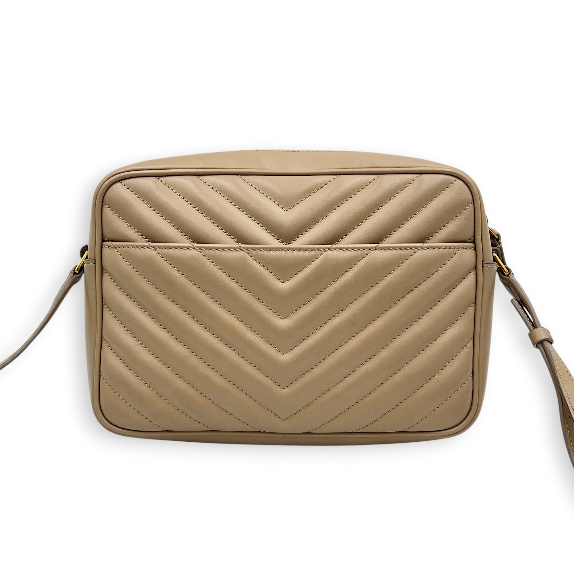 Lou Camera Beige Crossbody Bag in Calfskin, Gold hardware