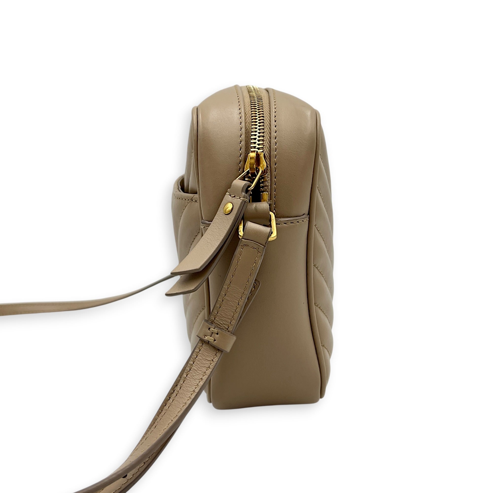Lou Camera Beige Crossbody Bag in Calfskin, Gold hardware