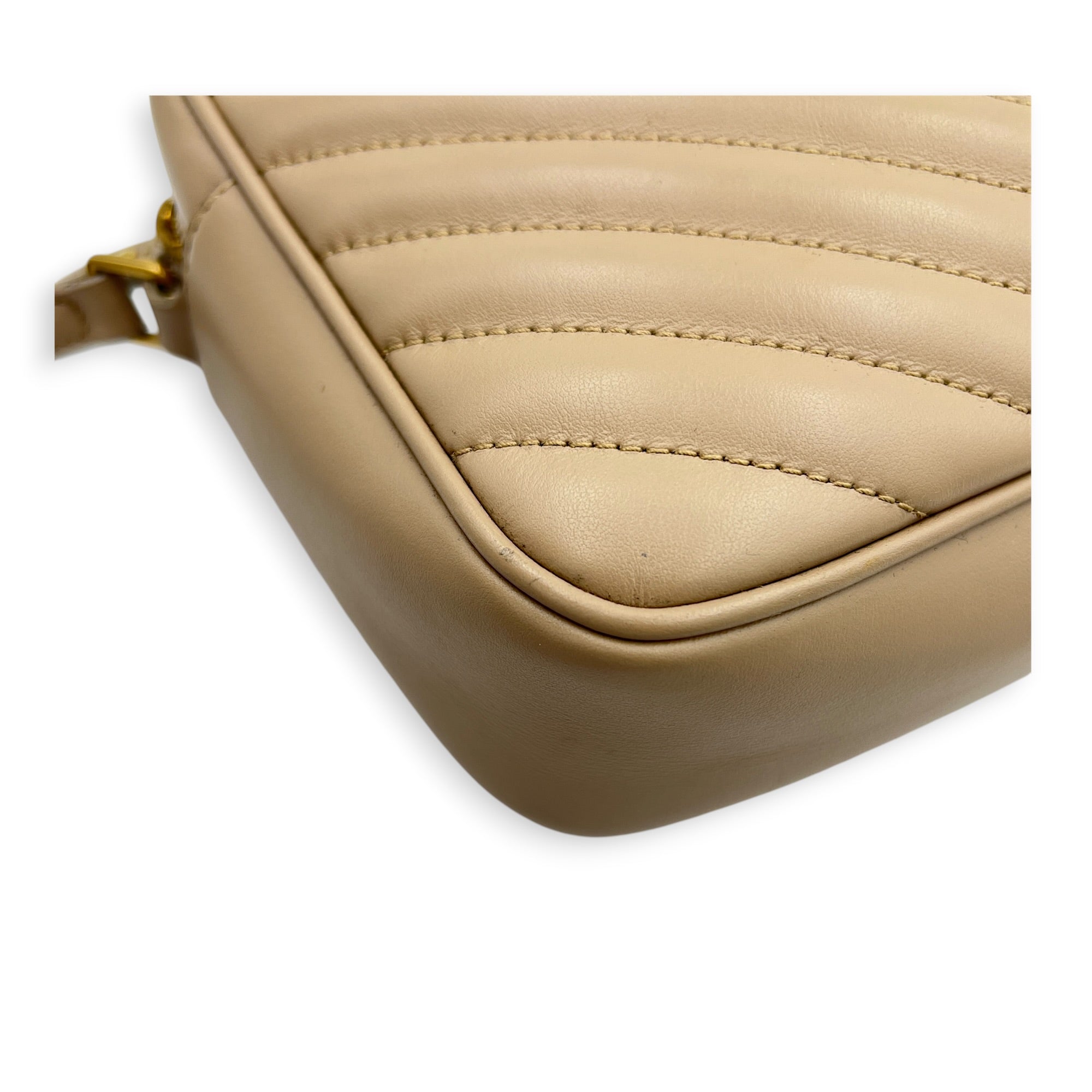 Lou Camera Beige Crossbody Bag in Calfskin, Gold hardware