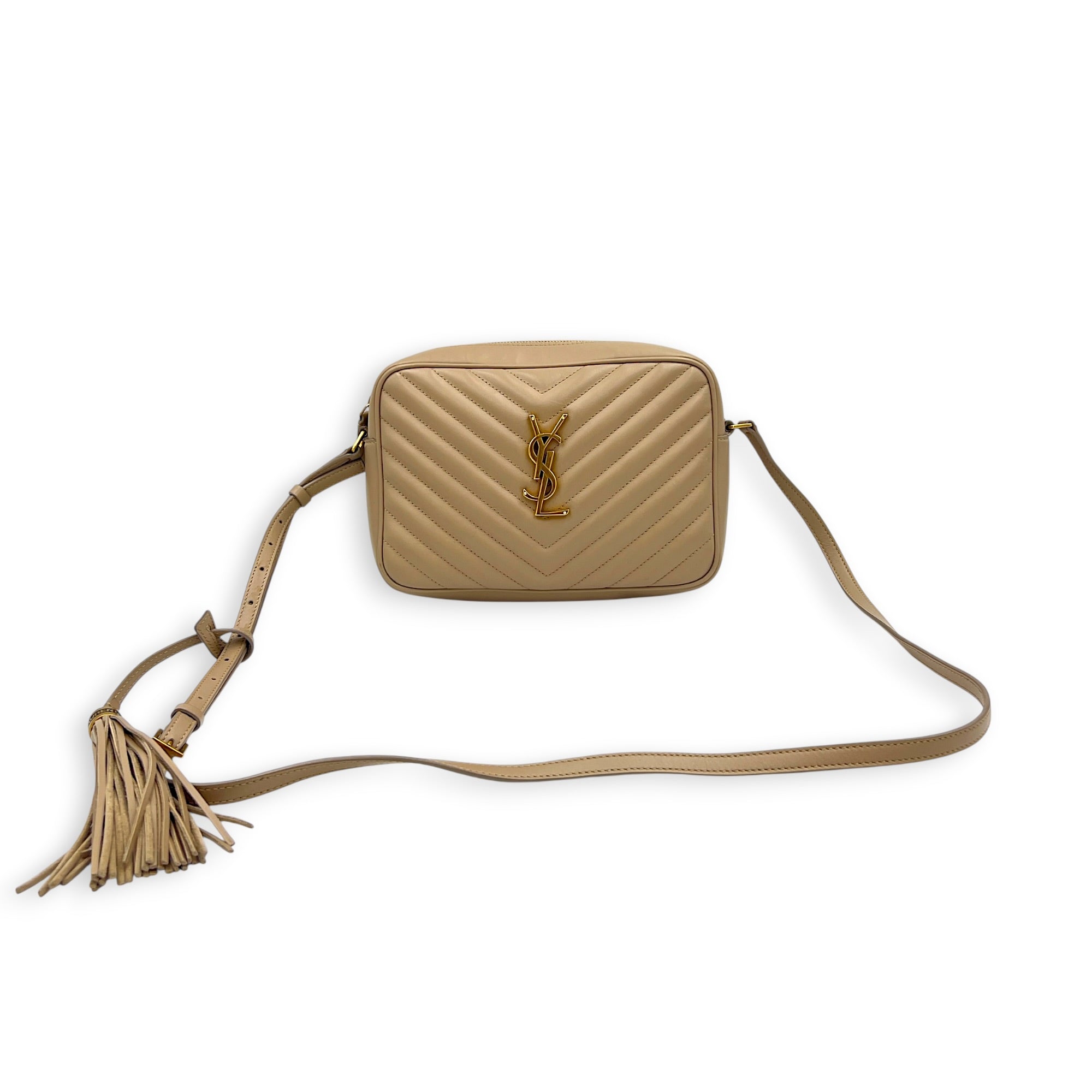 Lou Camera Beige Crossbody Bag in Calfskin, Gold hardware