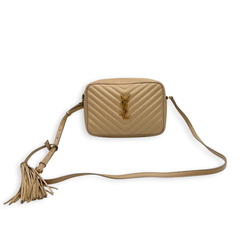 Lou Camera Beige Crossbody Bag in Calfskin, Gold hardware