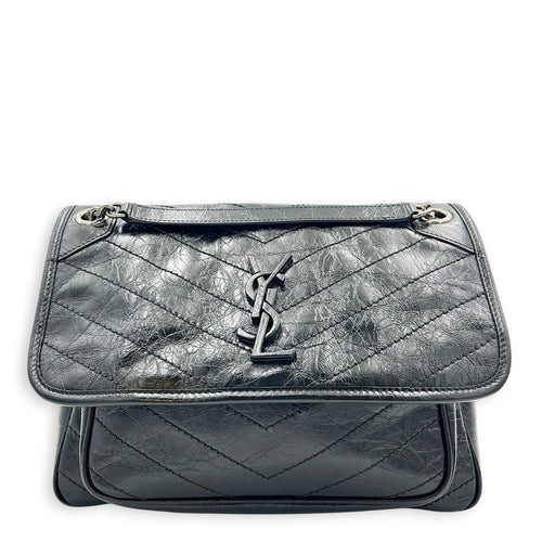 Niki Shoulder Bag Medium Black in Distressed Leather, Ruthenium hardware