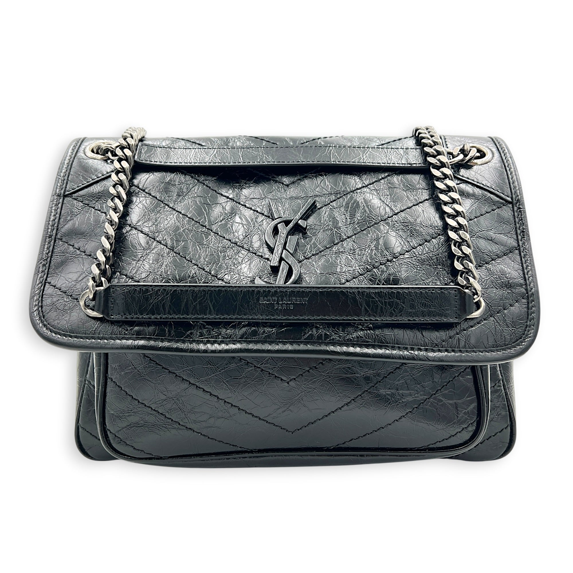 Niki Shoulder Bag Medium Black in Distressed Leather, Ruthenium hardware