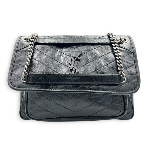 Niki Shoulder Bag Medium Black in Distressed Leather, Ruthenium hardware