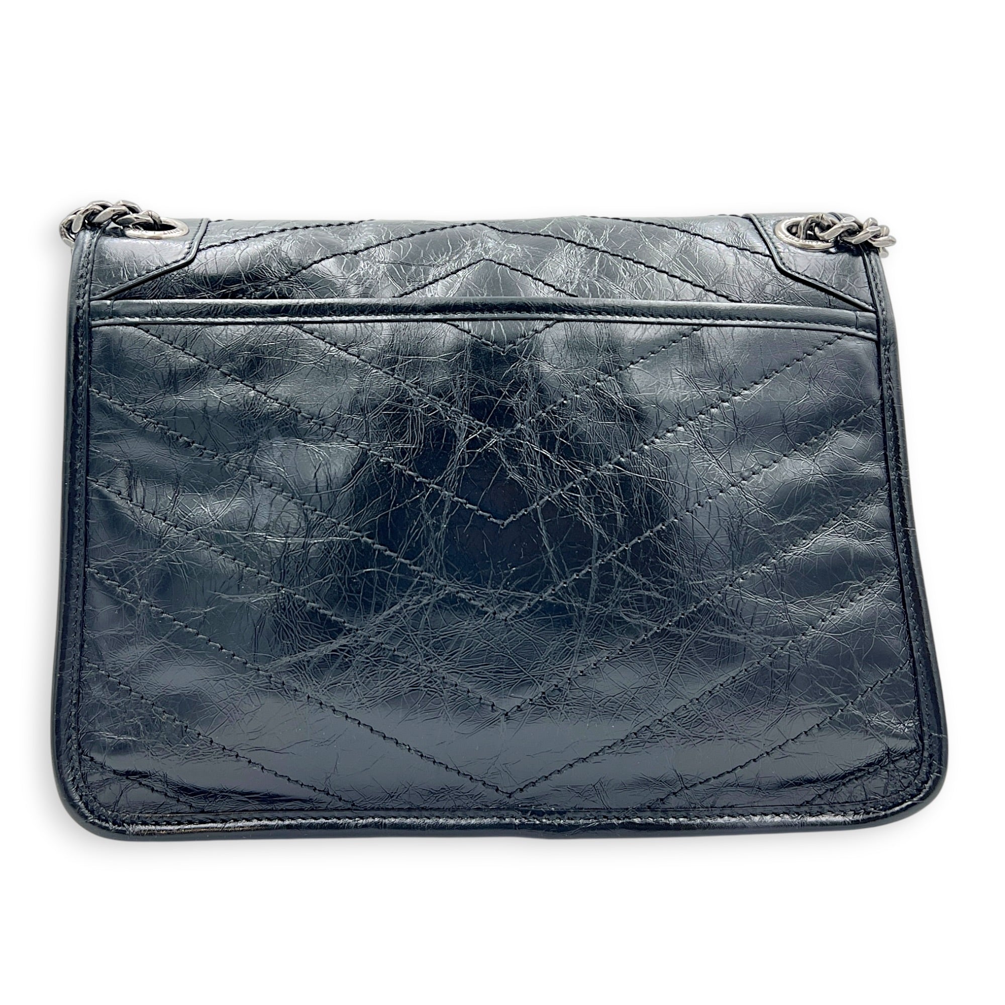 Niki Shoulder Bag Medium Black in Distressed Leather, Ruthenium hardware