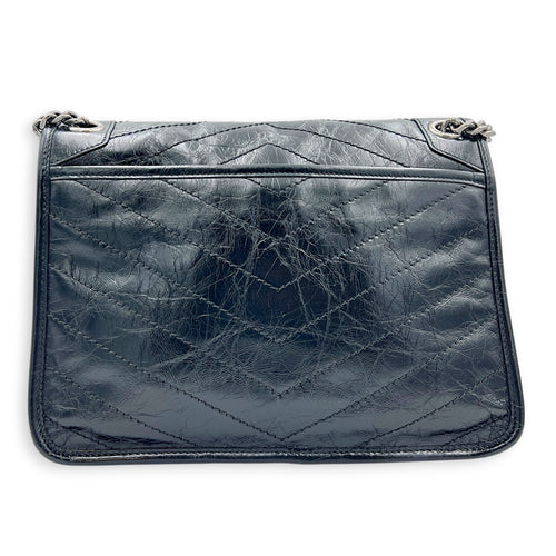 Niki Shoulder Bag Medium Black in Distressed Leather, Ruthenium hardware