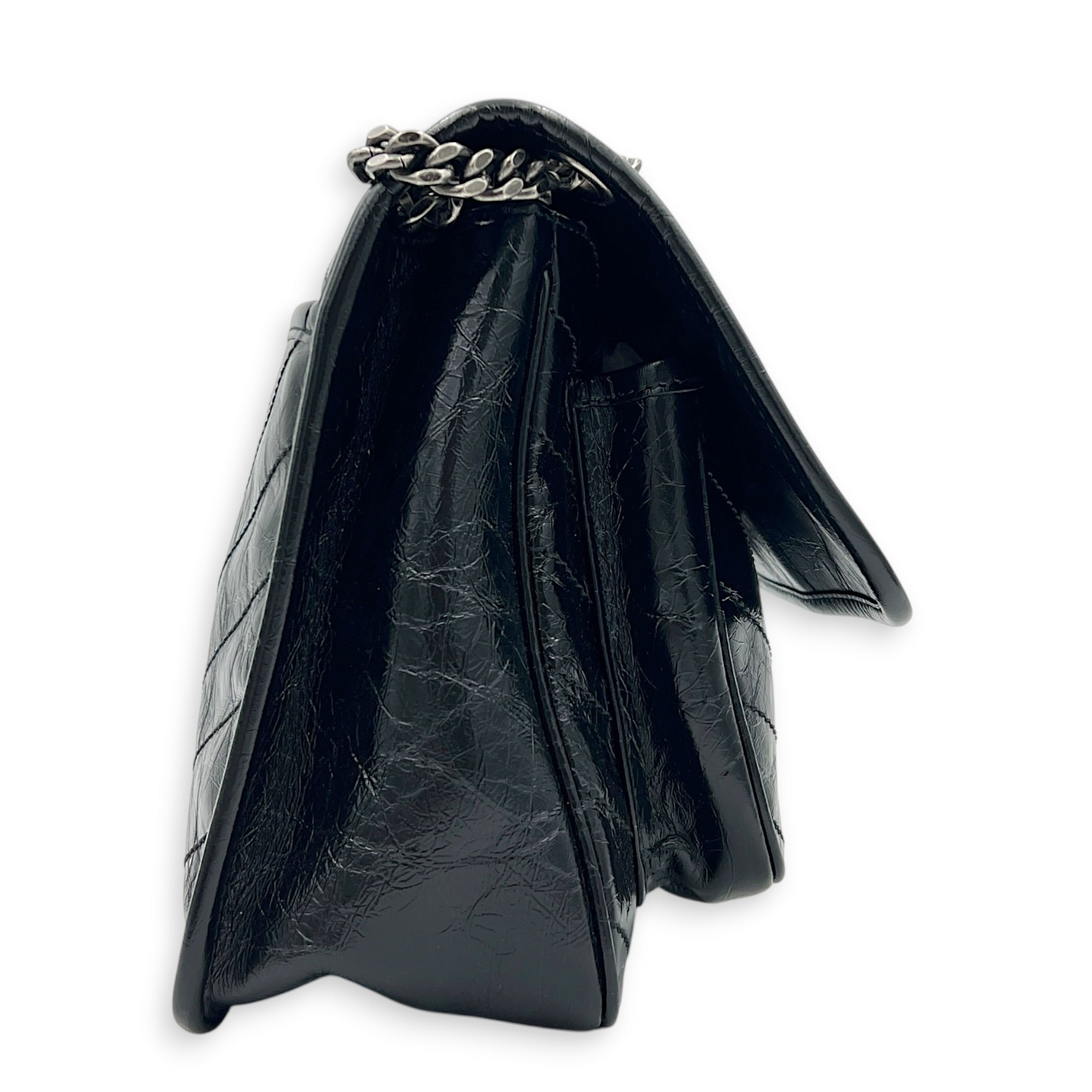 Niki Shoulder Bag Medium Black in Distressed Leather, Ruthenium hardware