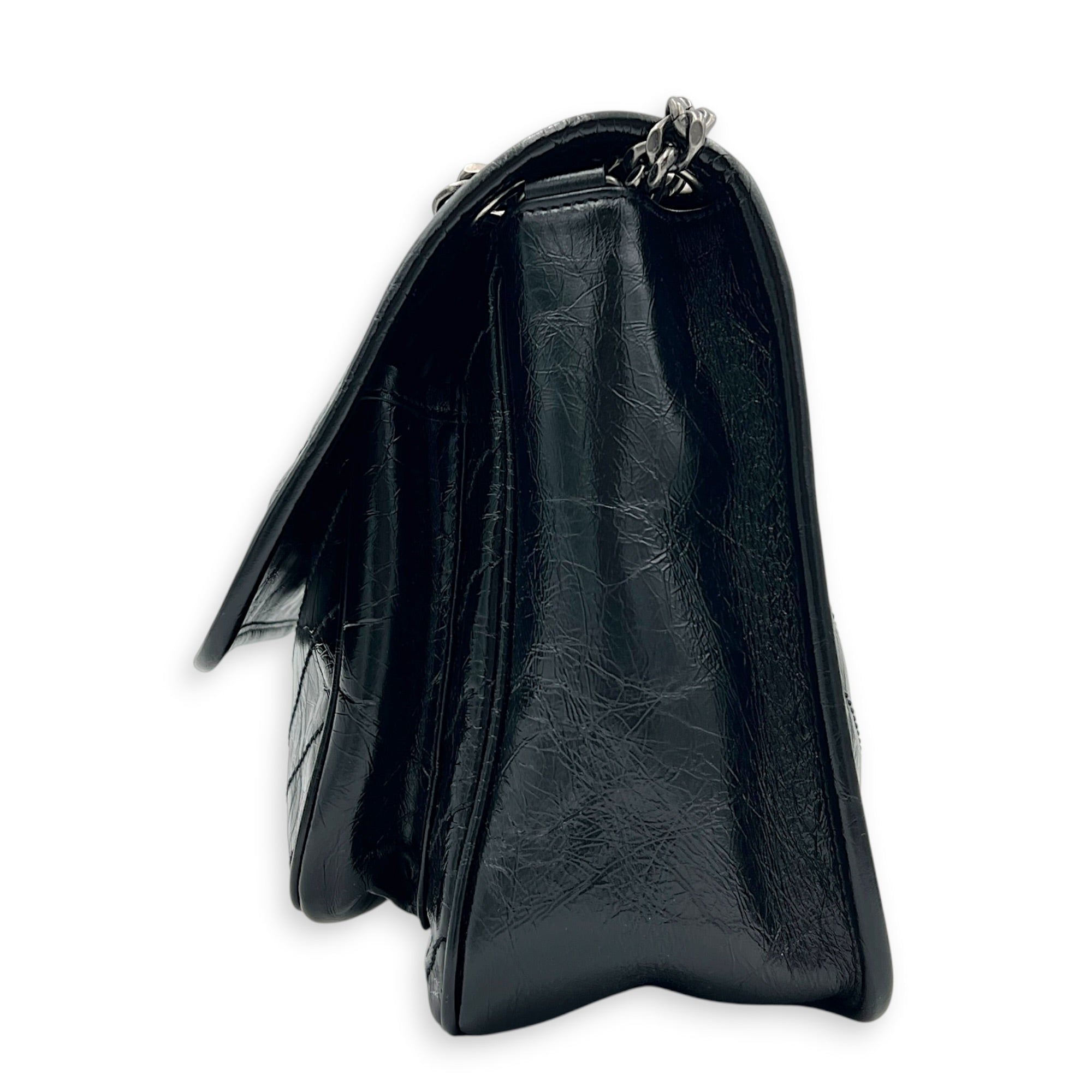 Niki Shoulder Bag Medium Black in Distressed Leather, Ruthenium hardware