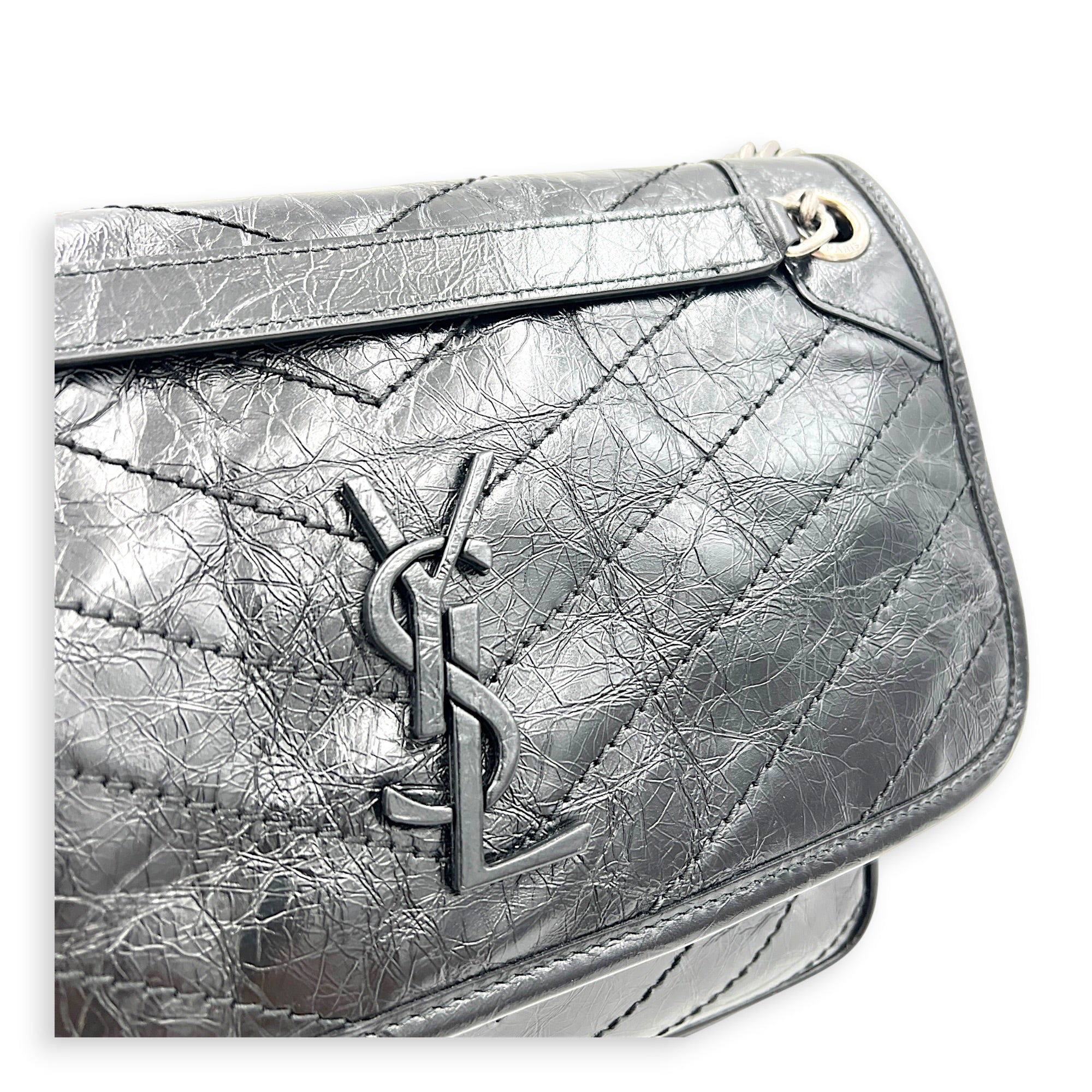 Niki Shoulder Bag Medium Black in Distressed Leather, Ruthenium hardware