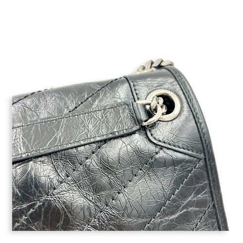 Niki Shoulder Bag Medium Black in Distressed Leather, Ruthenium hardware