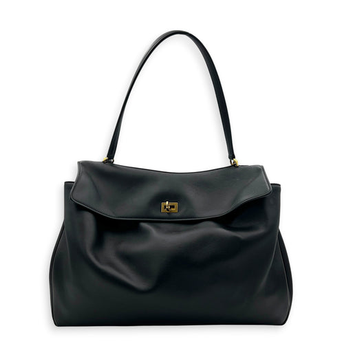 Rodeo Large Black Shoulder Bag in Calfskin, Gold hardware