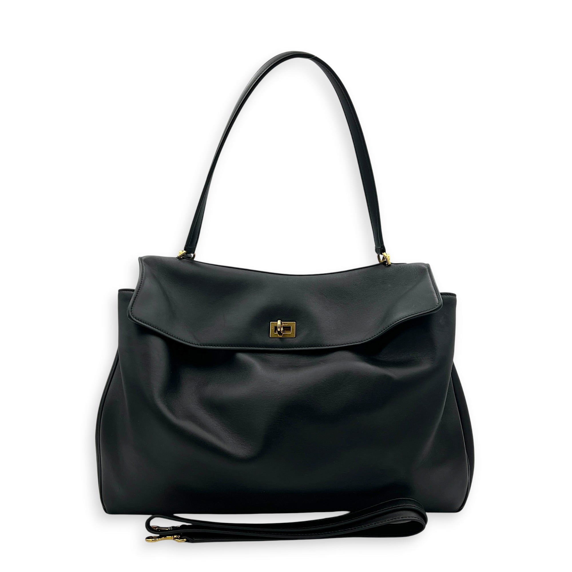 Rodeo Large Black Shoulder Bag in Calfskin, Gold hardware