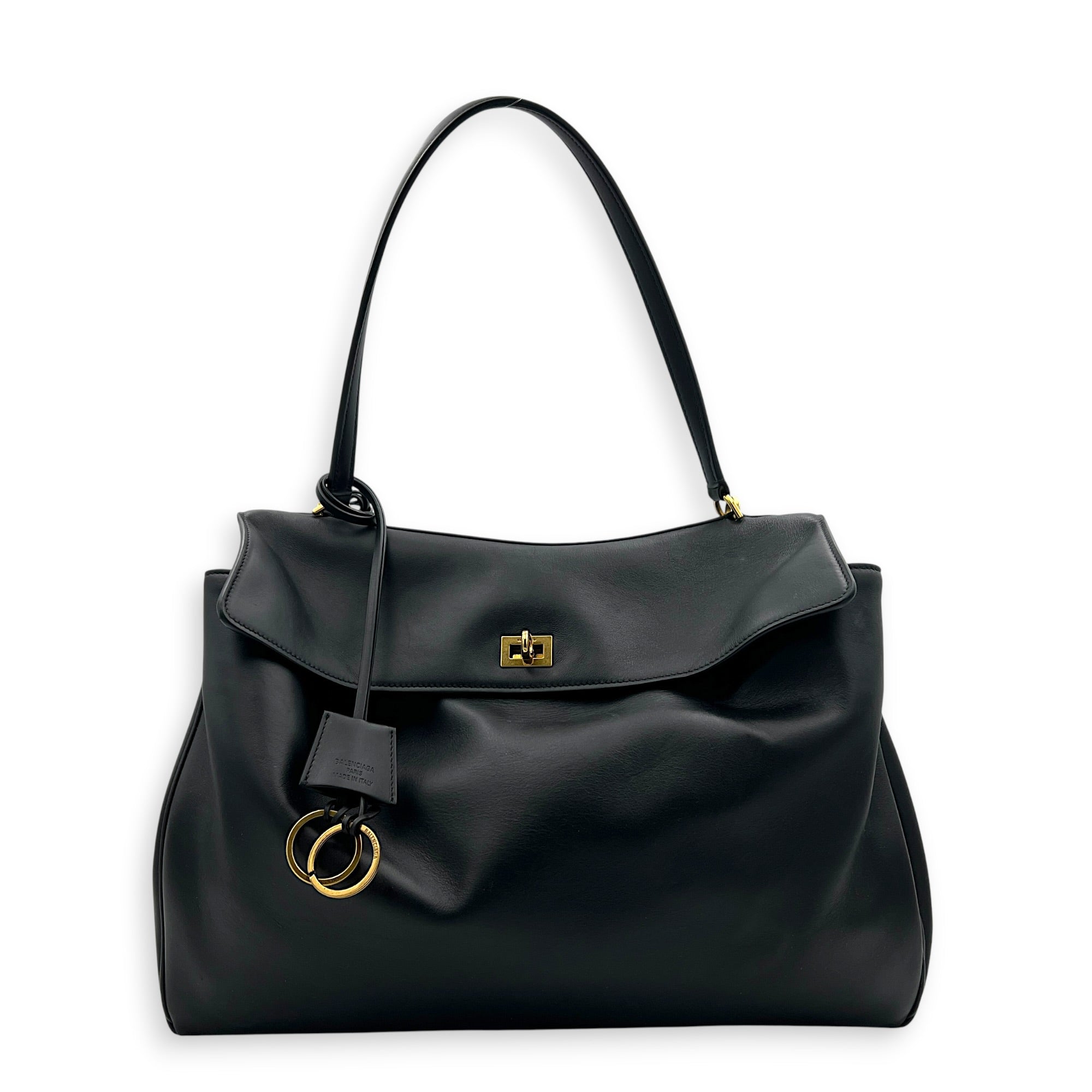 Rodeo Large Black Shoulder Bag in Calfskin, Gold hardware