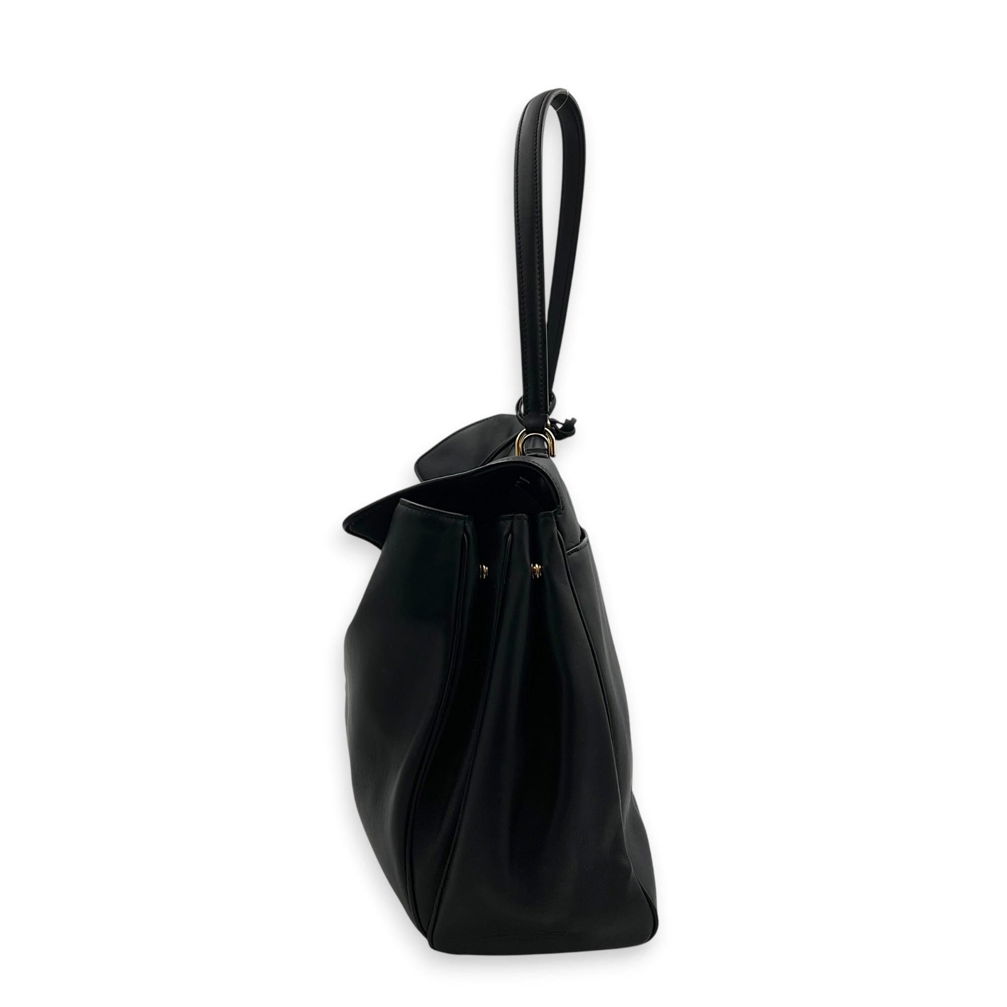 Rodeo Large Black Shoulder Bag in Calfskin, Gold hardware