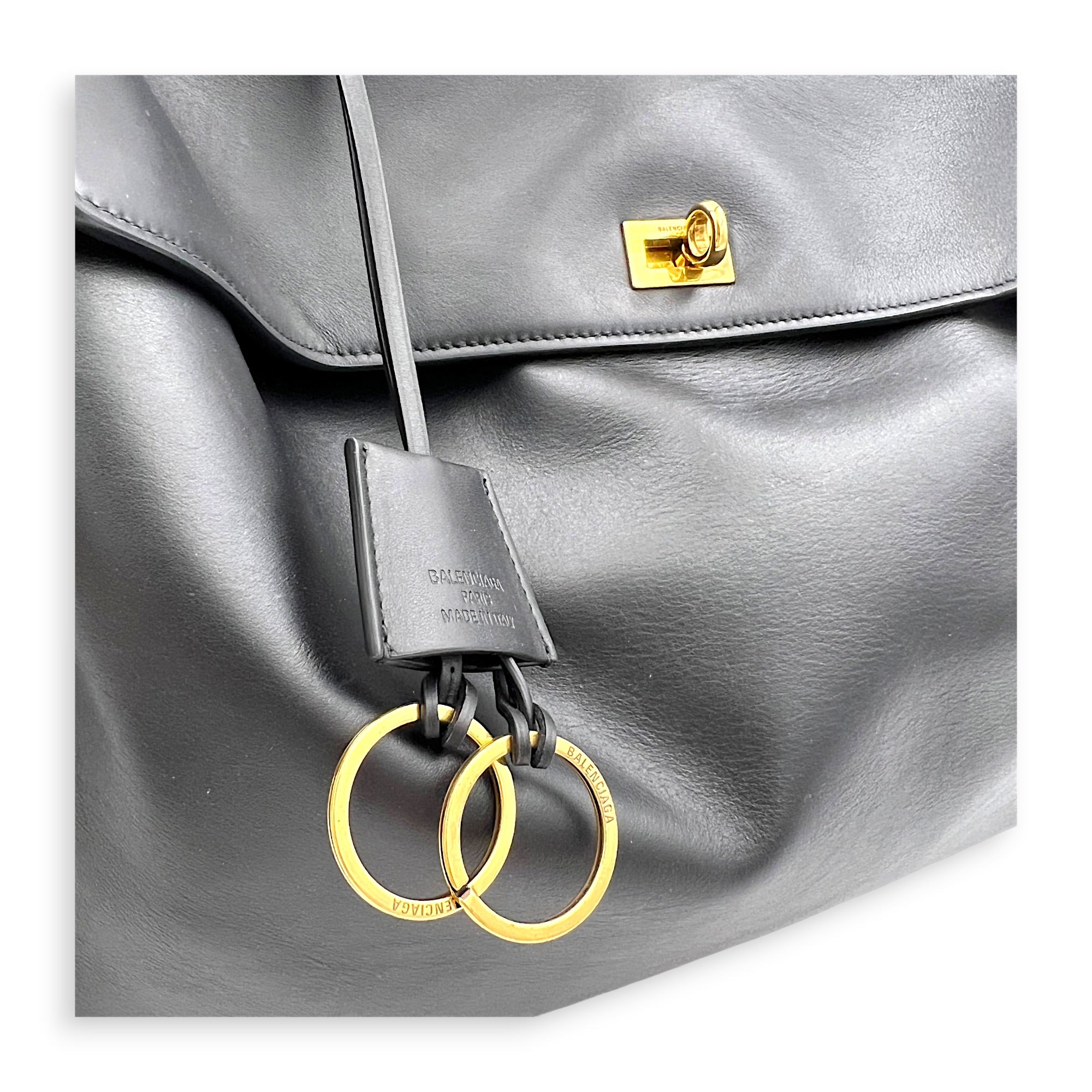 Rodeo Large Black Shoulder Bag in Calfskin, Gold hardware