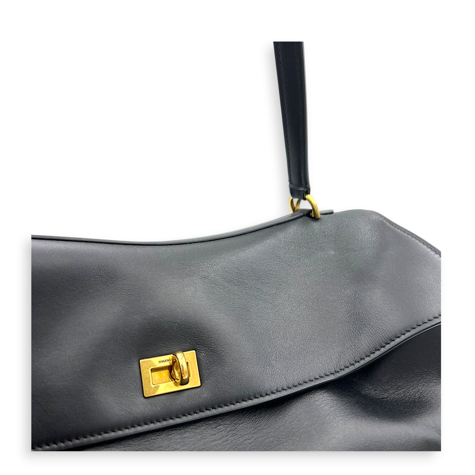 Rodeo Large Black Shoulder Bag in Calfskin, Gold hardware