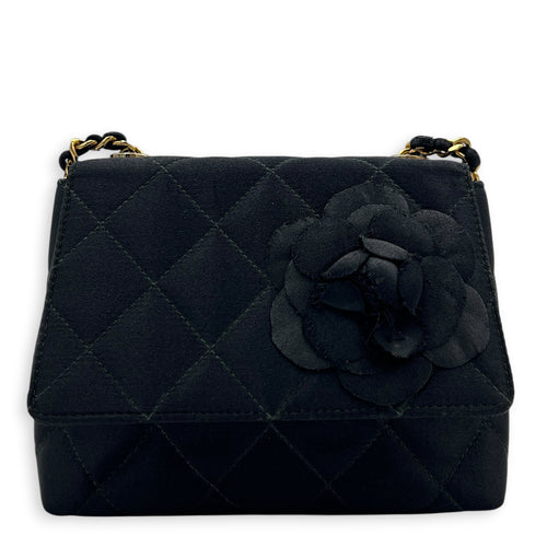 Vintage Camelia Black Shoulder Bag in Satin, Gold hardware