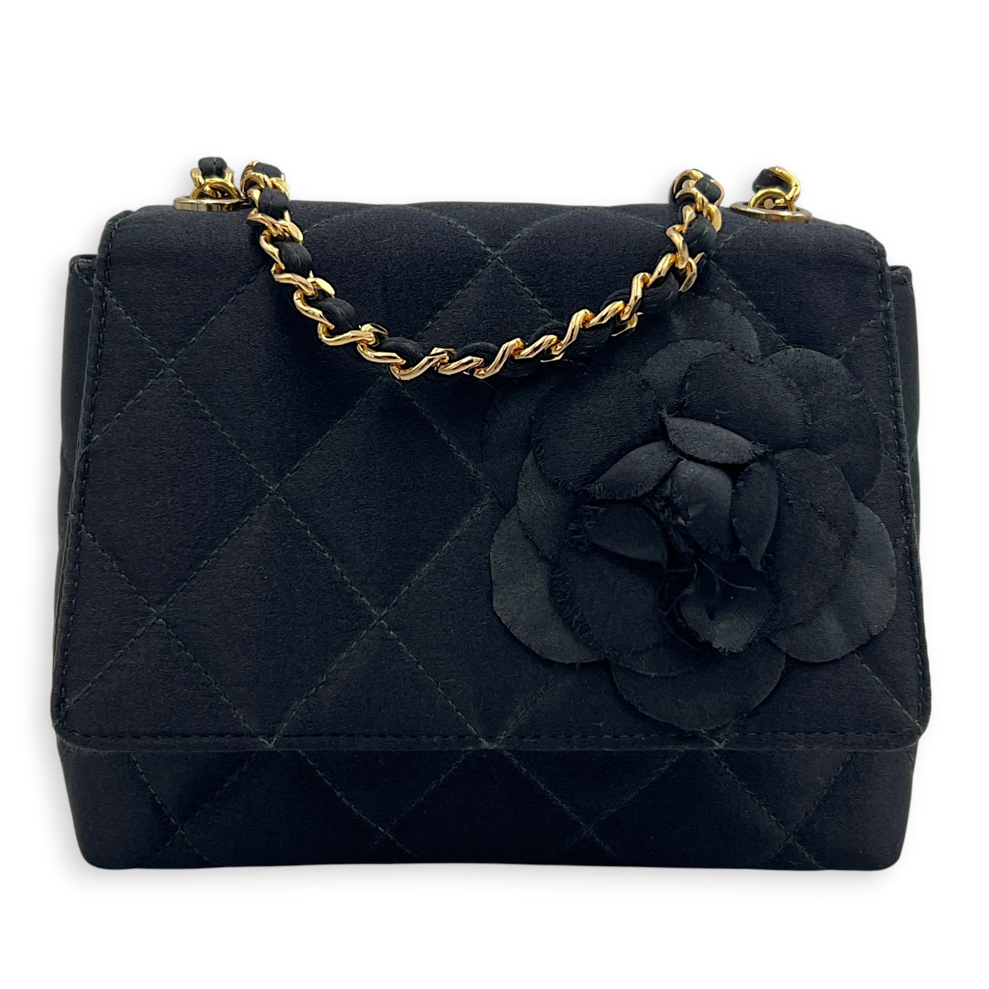 Vintage Camelia Black Shoulder Bag in Satin, Gold hardware