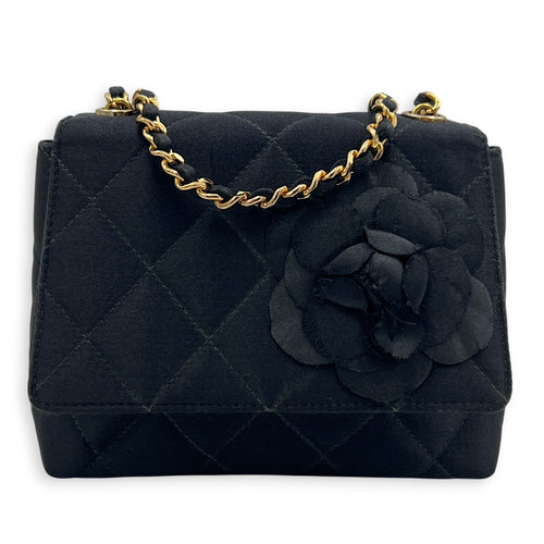 Vintage Camelia Black Shoulder Bag in Satin, Gold hardware