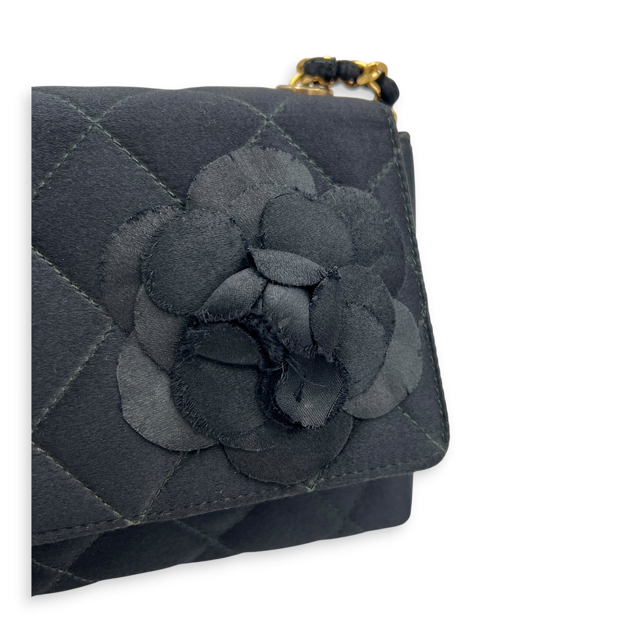 Vintage Camelia Black Shoulder Bag in Satin, Gold hardware