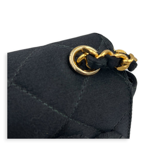 Vintage Camelia Black Shoulder Bag in Satin, Gold hardware