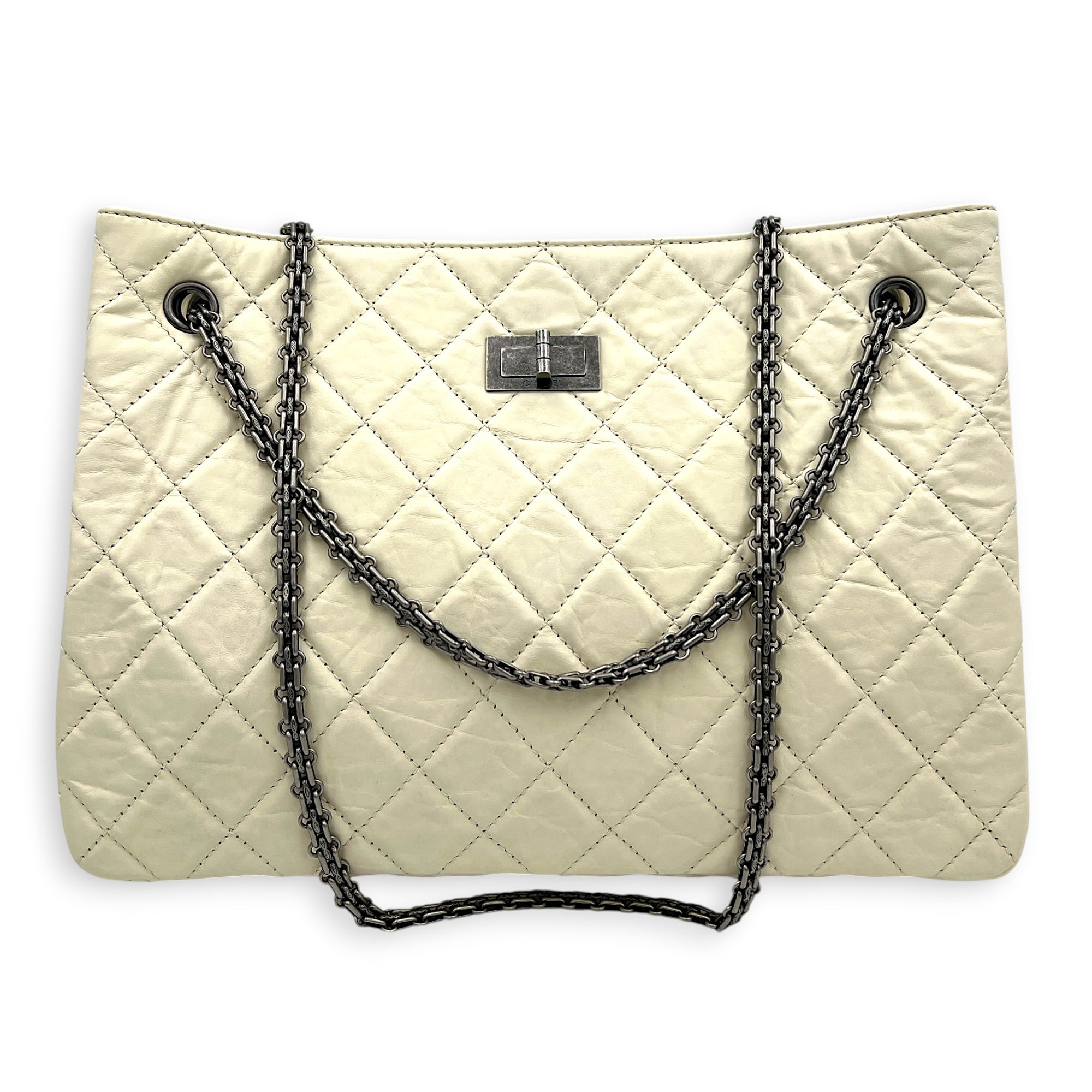 2.55 Tote Bag White in Distressed Leather, Gunmetal hardware