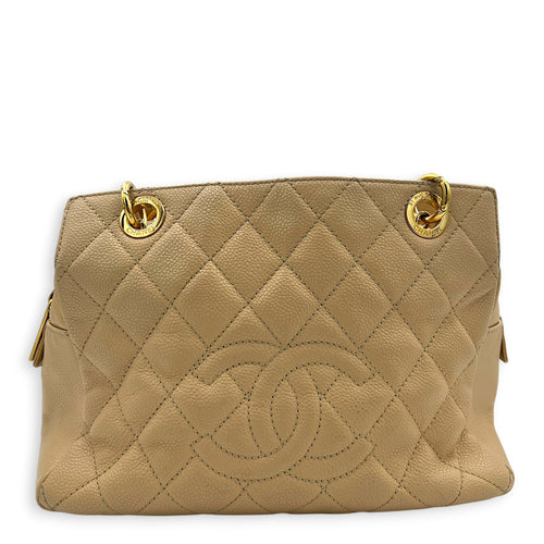 PTT Beige Tote Bag in Caviar Leather, Gold hardware