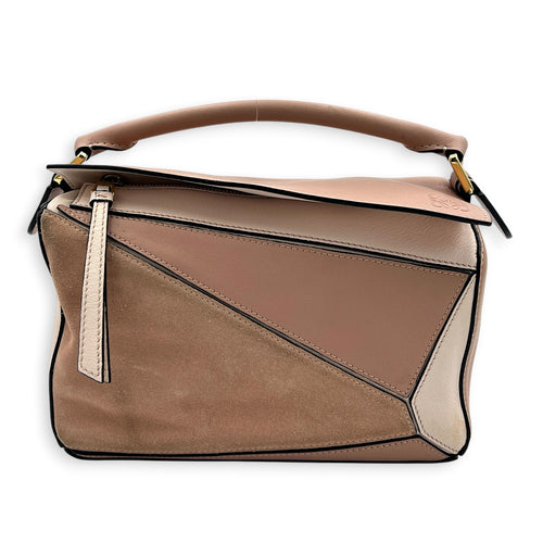 Puzzle Top Handle Bag Small Pink in Suede Leather, Gold hardware