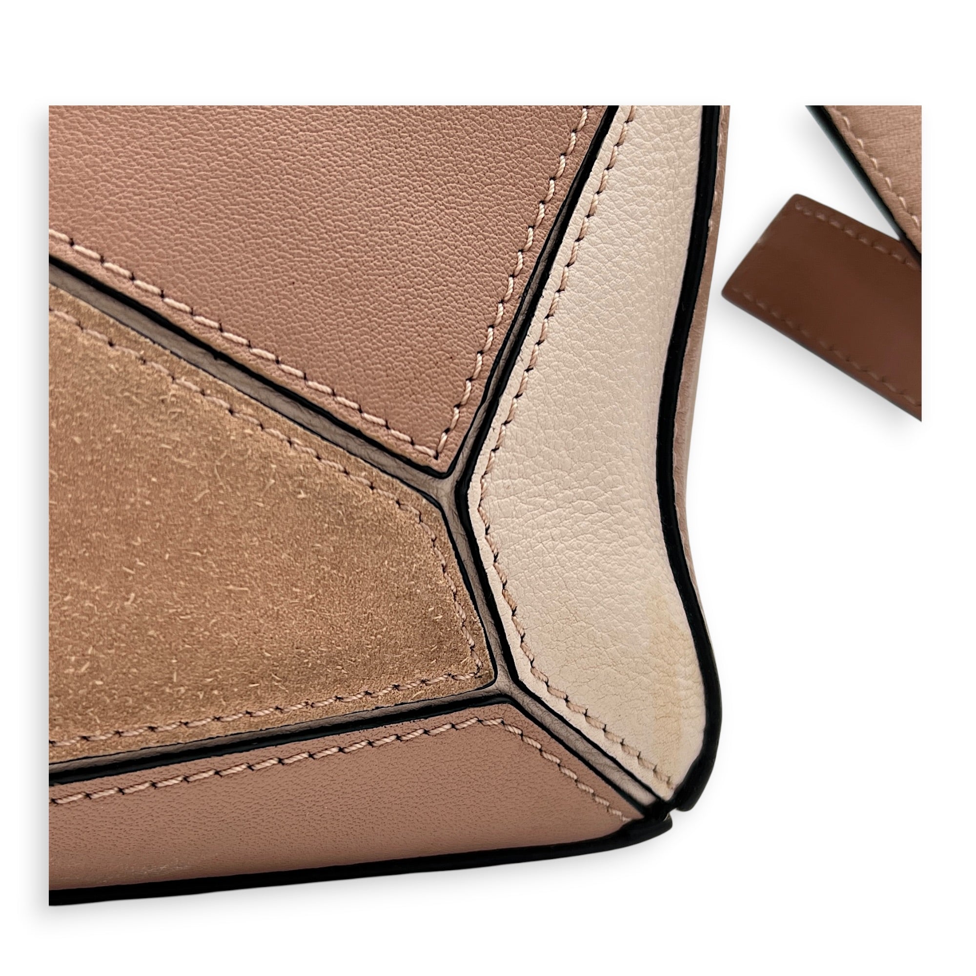 Puzzle Top Handle Bag Small Pink in Suede Leather, Gold hardware