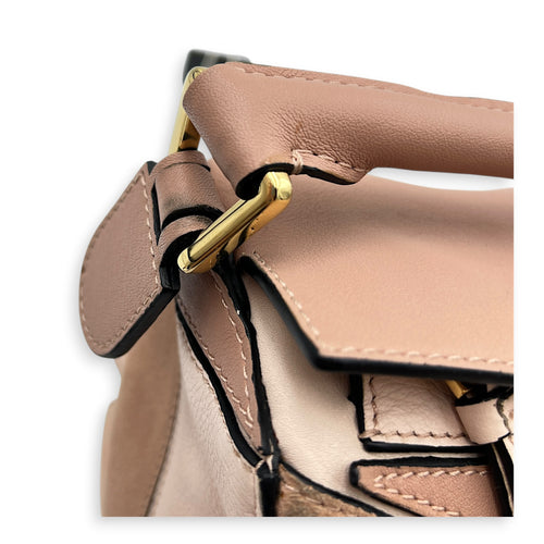 Puzzle Top Handle Bag Small Pink in Suede Leather, Gold hardware
