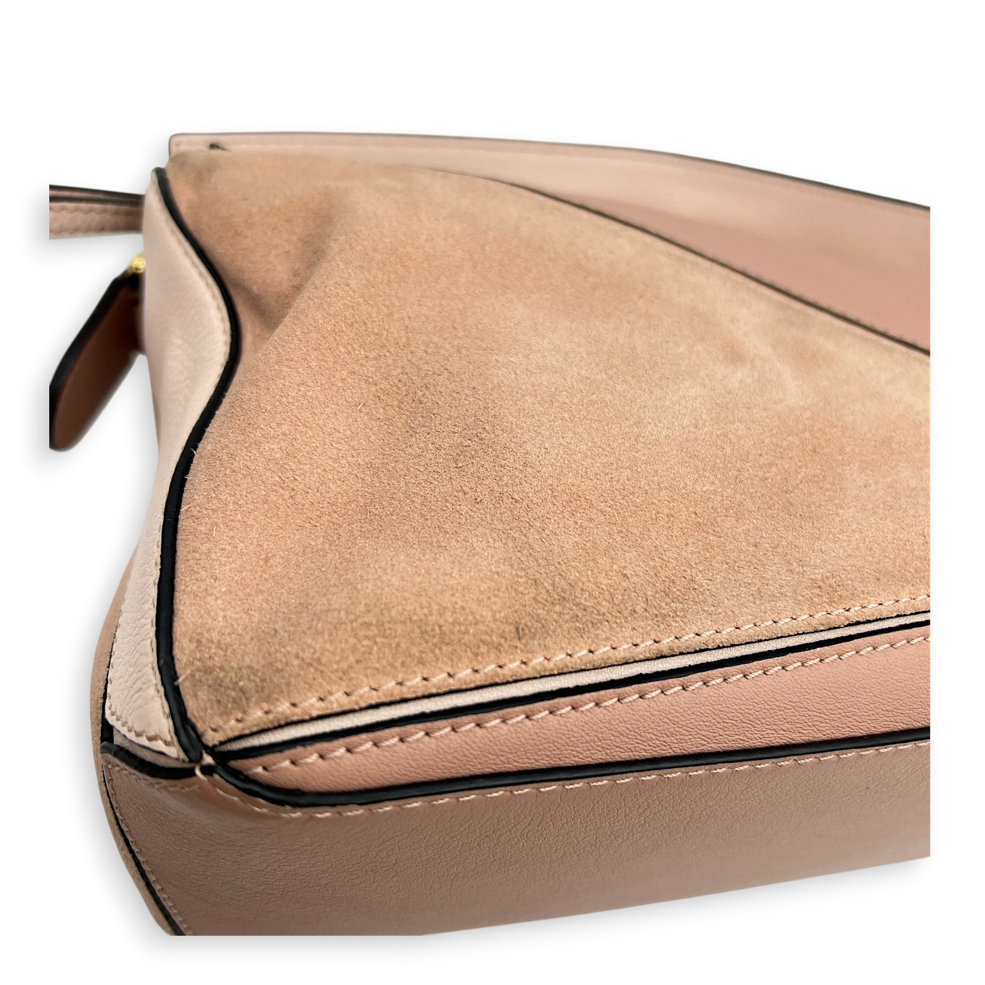 Puzzle Top Handle Bag Small Pink in Suede Leather, Gold hardware