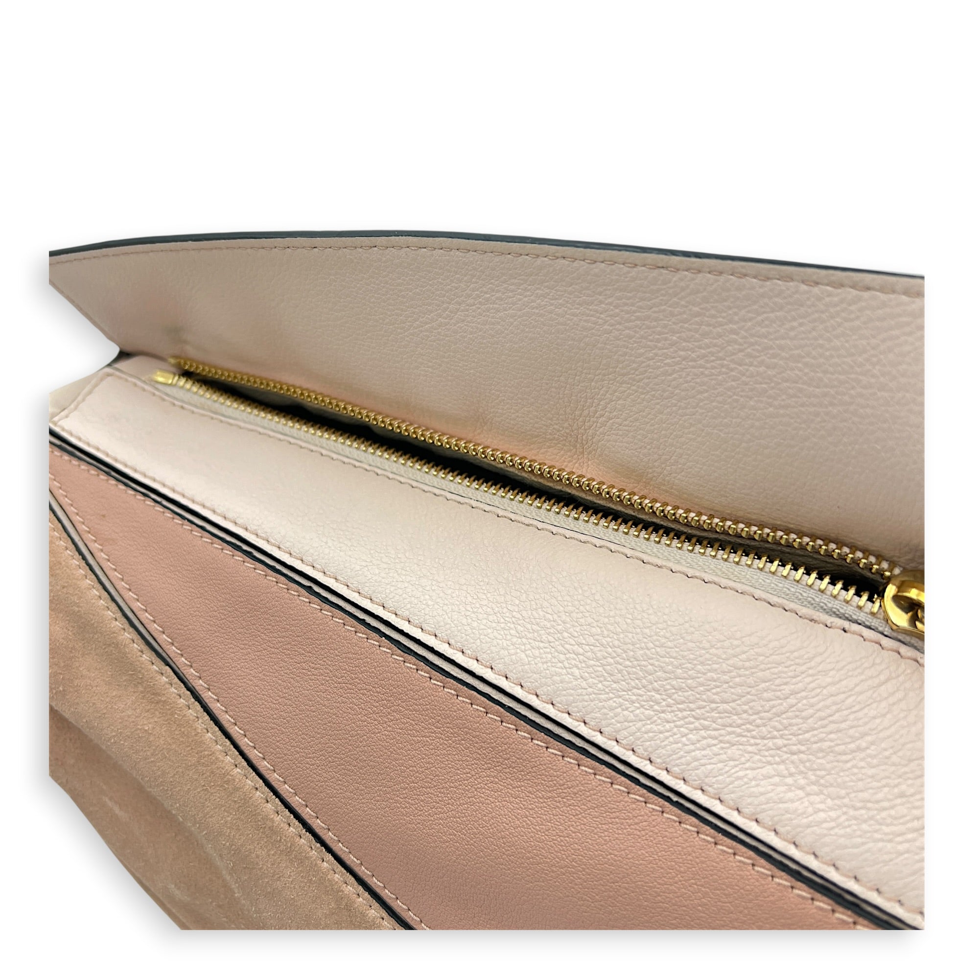 Puzzle Top Handle Bag Small Pink in Suede Leather, Gold hardware